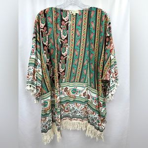 Kori America Plus Boho Style Mixed Print Fringed Open Front Kimono Size XL/1XL